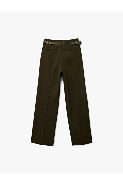 Koton Ribbed Pocket Straight Fit Belted Wide Leg Trousers