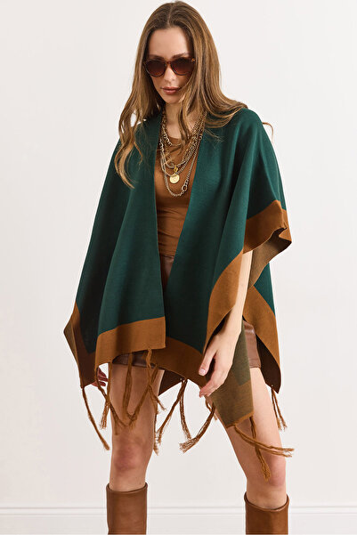 Olalook Women's Emerald Green Color Block Poncho Cardigan Hrk-19000423