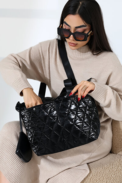 Moda Lime Black Quilted Large Shoulder Crossbody Women's Parachute Fabric Bag