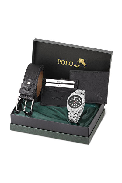 Polo Air Erkek Kol Saati Kemer Cüzdan Kartlık Hediyelik Kutusunda Siyah Set P...