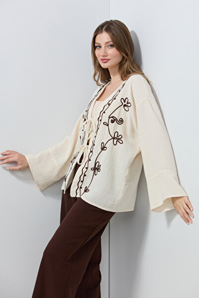 Fulla Moda Embroidered Front Lace-Up Linen Look Kimono