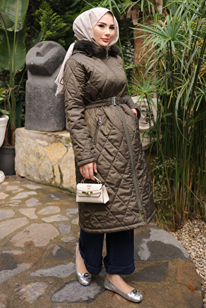 İmajButik Χακί παλτό με φερμουάρ με κουκούλα