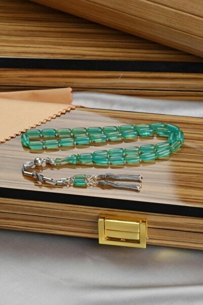 dergah tesbih Harmony Series Silver Design Water Green Fire-I Crimped Amber Prayer Beads
