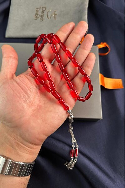 dergah tesbih Harmony Series Silver Design Red Fire-I Crimped Amber Prayer Beads