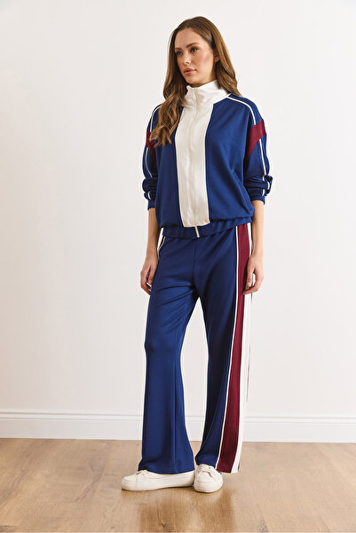 Olalook Women's Navy Blue Color Block Modal Buttoned Suit Tkm-19000466