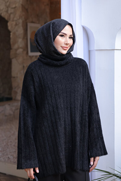 İmajButik Black Turtleneck Casual Angora Soft Knit Sweater