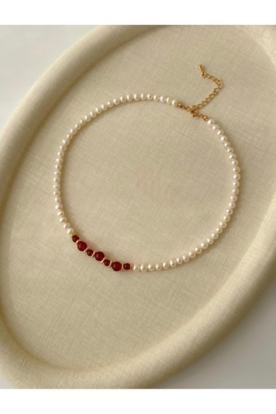 Taş-Mir Sertifikalı Gerçek İnci Ve Akik Doğal Taş Tasarım Kolye 45 Cm