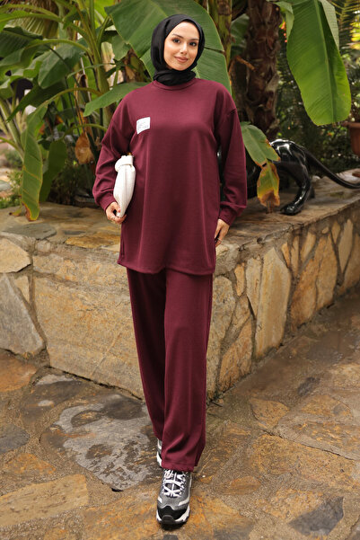 İmajButik Plum Embroidered Tunic Trouser Set
