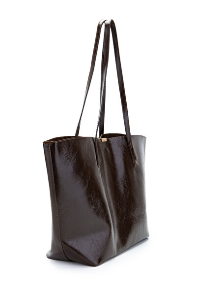 minebag Faux Leather Stand Handle Bag with Metal Accessories Brown