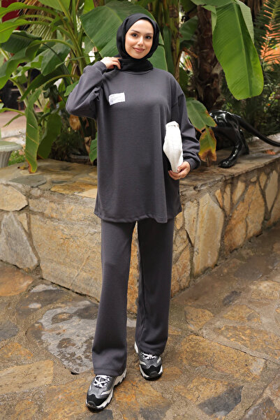 İmajButik Anthracite Embroidered Tunic Trouser Set