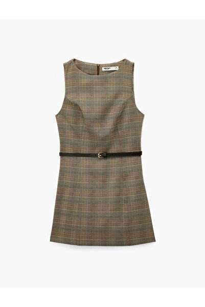 Koton Sleeveless Crew Neck Belted A-Line Mini Plaid Dress