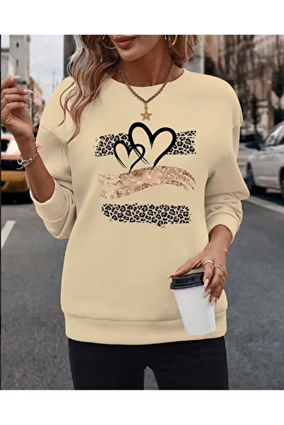 herkesemoda Leopard Print Detailed Crew Neck Sweatshirt