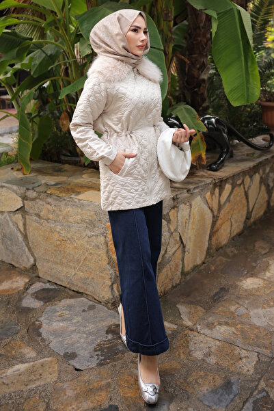 İmajButik Πέτρινο παλτό με γούνα και καπιτονέ