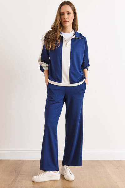 Olalook Women's Navy Blue Striped Detail Modal Buttoned Suit Tkm-19000467