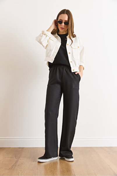 Olalook Women's Black Waistband Pocketed Wool Effect Wide Leg Winter Trousers Pnt-19000383