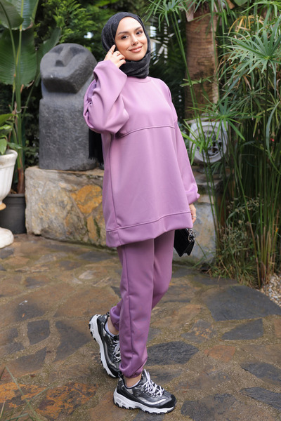 İmajButik Σετ παντελόνι με τονικό χρώμα με ροζ κουρέλια