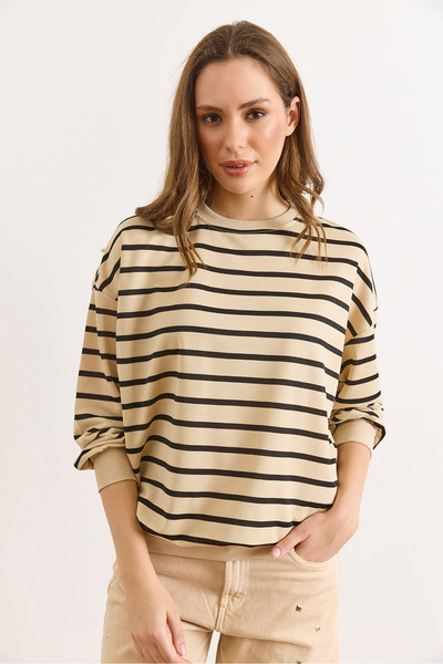 Olalook Women's Stone Black Striped Thin Sweatshirt Swt-19000761