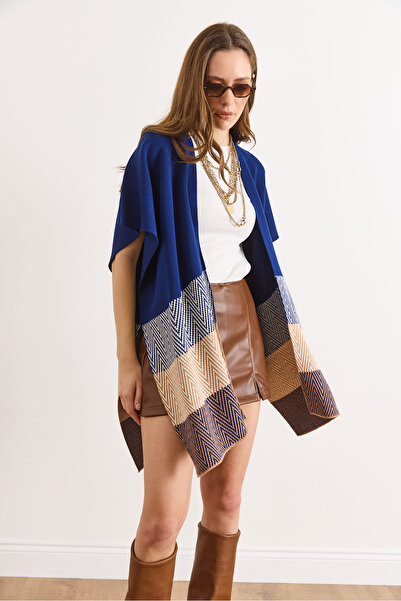 Olalook Women's Navy Blue Zigzag Pattern Poncho Cardigan HRK-19000422