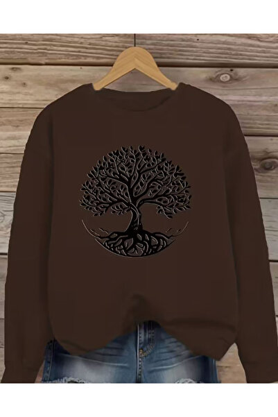 herkesemoda Crew Neck Sweatshirt with Tree Print Detail