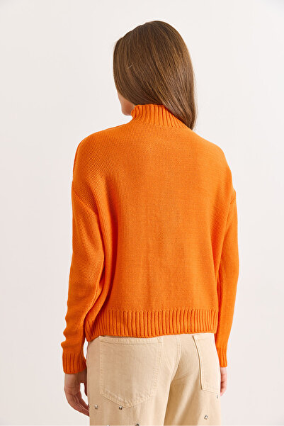 Olalook Pulover tricotat cu împletitură de păr portocaliu guler ridicat pentru femei KZK-19000912