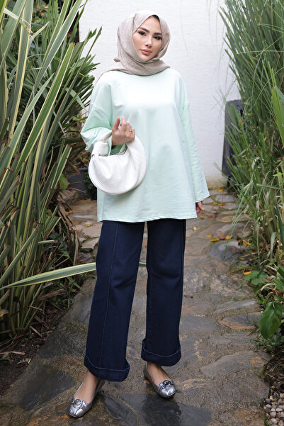 İmajButik Ανοιχτό πράσινο πουλόβερ με λαιμόκοψη oversized με δύο κλωστές