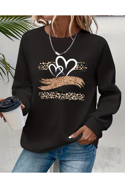 herkesemoda Leopard Print Detailed Crew Neck Sweatshirt