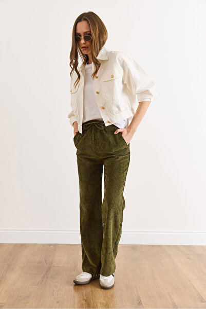 Olalook Women's Khaki Velvet Pocketed Elastic Waist Thick Corded Fabric Wide Leg Pants Pnt-19000387