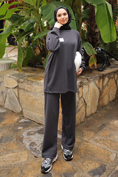 İmajButik Anthracite Embroidered Tunic Trouser Set