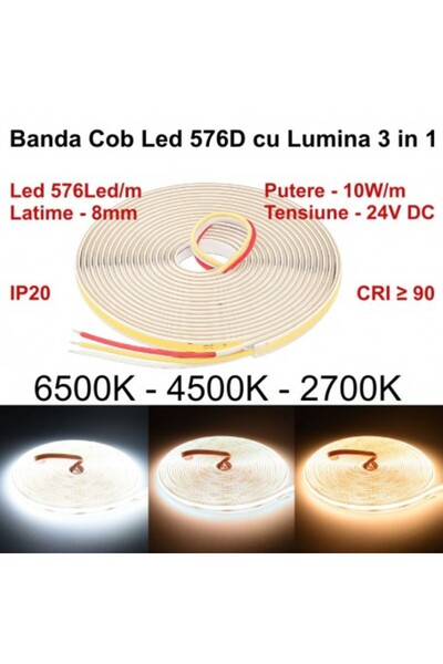 dalip Digital COB LED Strip 576D/m – 3-in-1 White 2700/4500/6500K – 24V – 5m