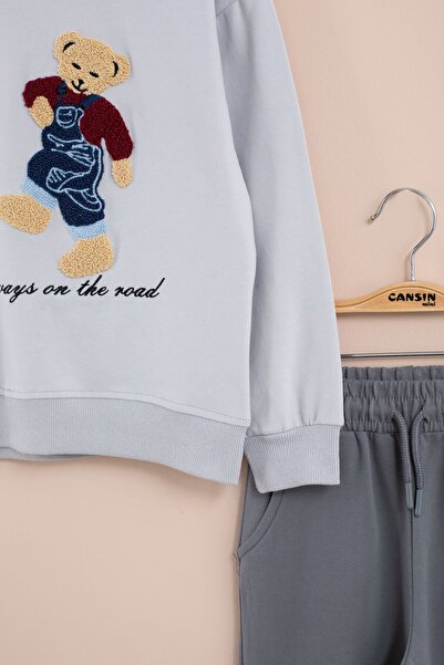 Cansın Mini Gray Teddy Bear Embroidered Boys' Tracksuit Set 2 Pieces 23395