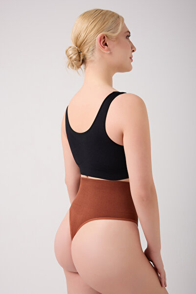 MİSTİRİK Montela Model Corseted Belly and Abdomen Tightening Thong Panties Coffee Color