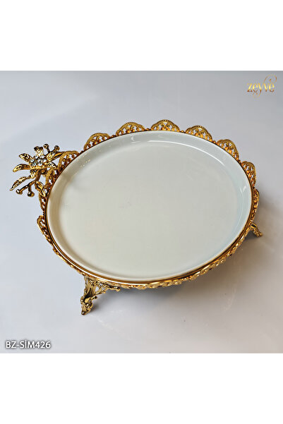Hinora Flower Model Gold Color Porcelain Plate Stand with Stand 30X26X11Cm Large Size