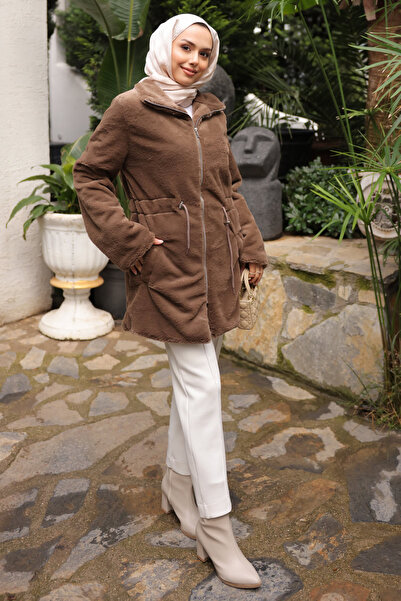 İmajButik Brown Drawstring Flato Plush Coat with Pockets and Zipper