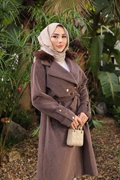 İmajButik Καφέ γούνινο παλτό ανγκόρα με γιακά