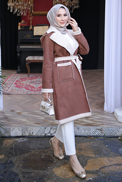 İmajButik Taba διπλό πέτο Παλτό από σουέτ με γούνα στο εσωτερικό του γιακά