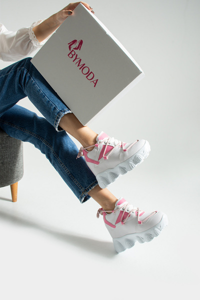 Bymoda New Season White Pink Hidden Wedge Heeled Sneakers Heel Height Total 10 cm