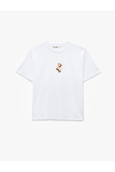 Koton Cotton Short Sleeve Crew Neck Duck Embroidered Oversized T-Shirt