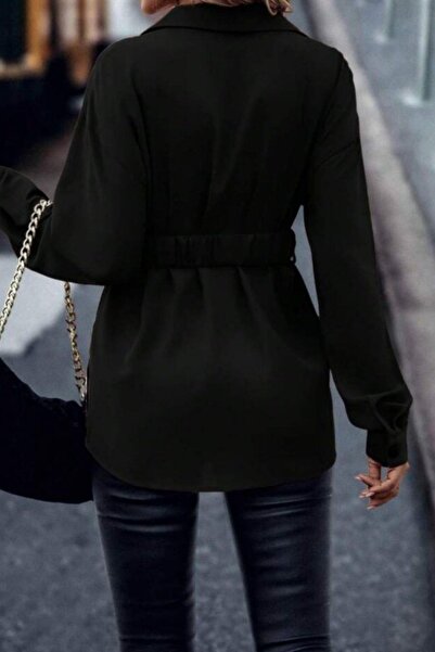 Mossta Imported Crepe Blouse with Collar and Belt Detail - Black