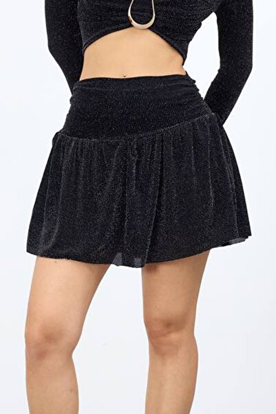 VAGGON Women's Black Glitter High Waist Pleated Mini Shorts Skirt Vs01663