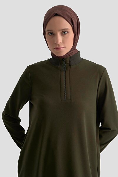 Armine Trend Ribbed Half Zip Crepe Tunic with Sleeves and Collar Green 25Kt456