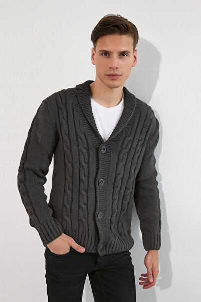 Tarz Cool Men's Smoked Hair Knit Shawl Collar Cardigan