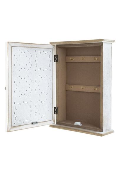 VENITIVO VINDEM CELOR INTELIGENTI Rustic White Wooden Key Box VENITIVO, 6 Hooks, Embossed Door with Magnetic Closure, 21 x 28.5 x 7 cm