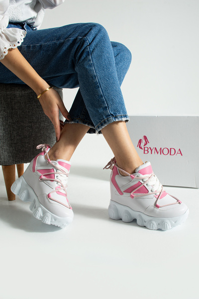 Bymoda New Season White Pink Hidden Wedge Heeled Sneakers Heel Height Total 10 cm