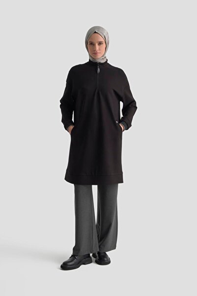 Armine TREND Half Zipper Ribbed Sleeves Knitted Tunic with Pockets Black 25Kt461