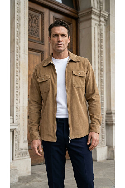 alenmeza Men's Camel Color Zippered Double Pocket Comfortable Fit Velvet Shirt