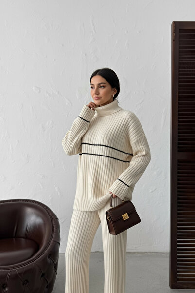 NEWCO Ecru Stripe Detailed Fisherman's Turtleneck Corded Fabric Knitwear Two-Piece Set Comfortable Fit