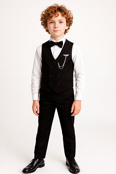 AHENGİM طقم بدلة للأولاد بقصة عصرية مع ربطة عنق طقم فيست مكون من 3 قطع Ak5350