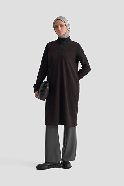 Armine Trend Ribbed Half Zip Crepe Tunic with Sleeves and Collar Black 25Kt456