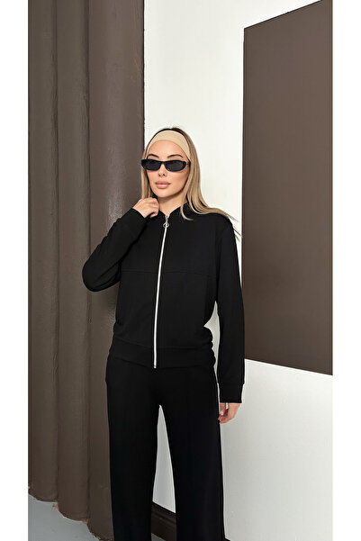 mielva Women's Black Modal Fabric piped Wide Leg Zippered Tracksuit Set