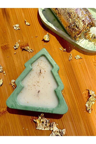 Claren Candles Handmade candle in a ceramic tree-shaped bowl - decoration with golden flakes, winter edition/Christmas gift